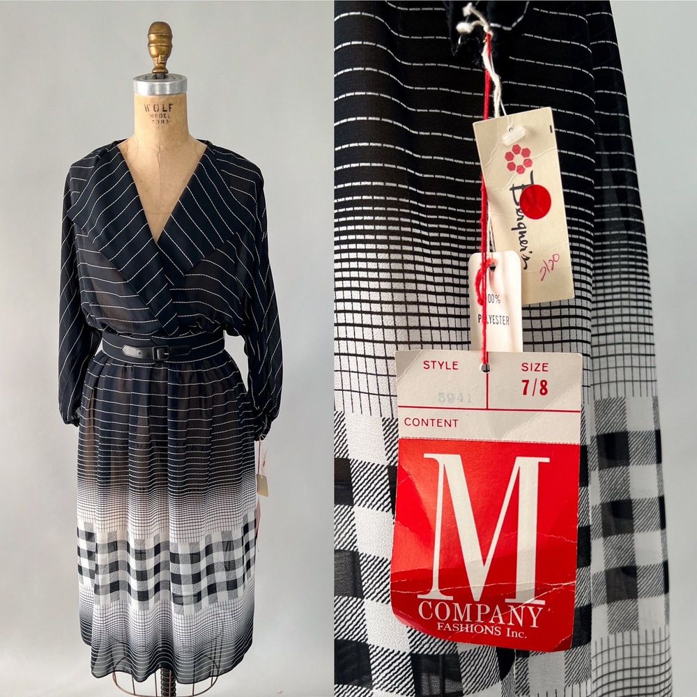 VTG1980s Deadstock NOS Black White Sheer Striped Surplice Blouson Midi Dress S